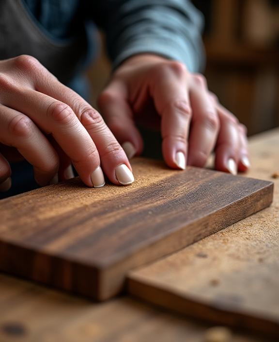 Artesano lijando a mano el borde de una tabla de nogal.