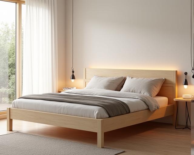 Cama de matrimonio de madera de haya con cabecero minimalista.