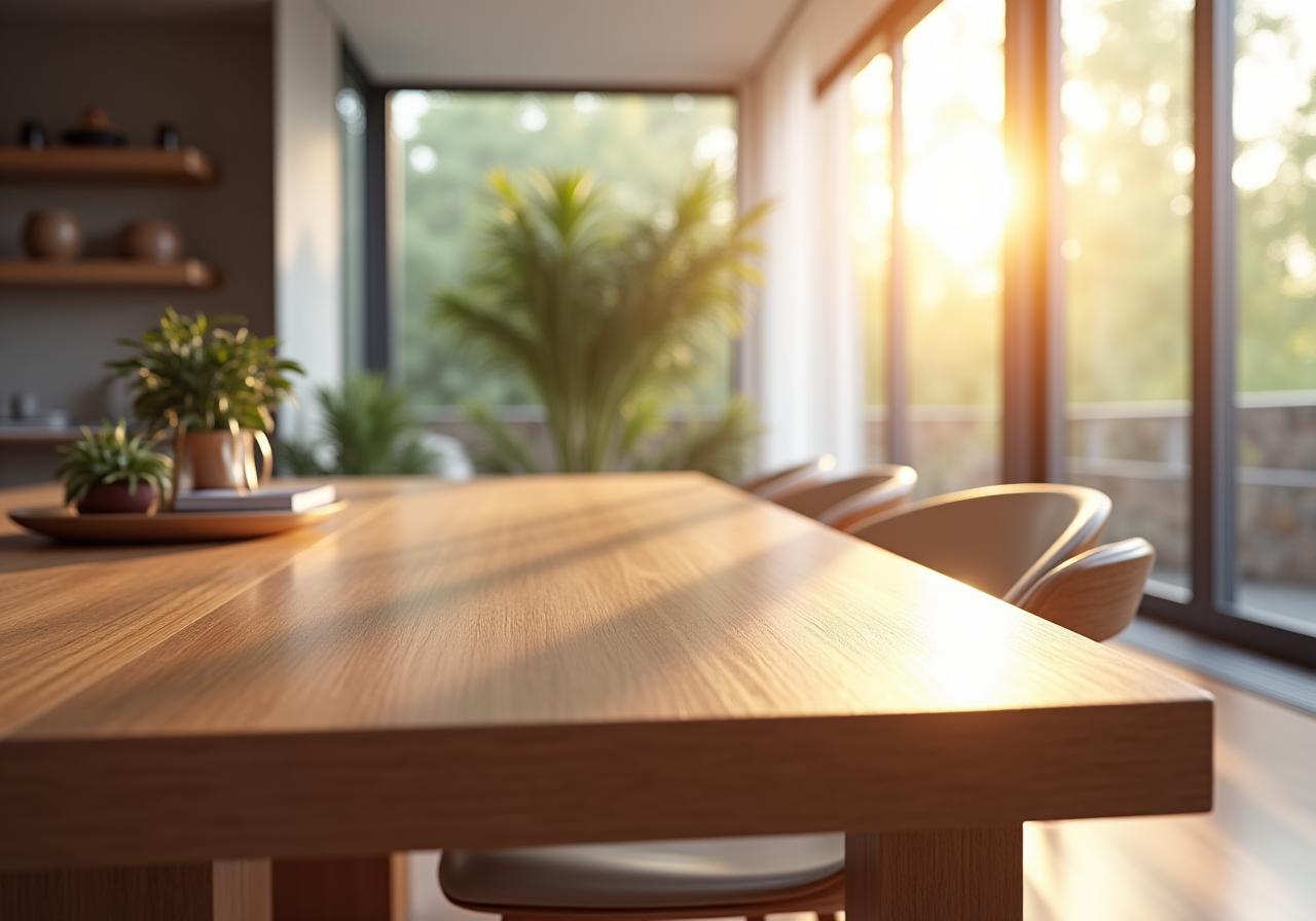 Elegante mesa de comedor de roble macizo en un salón luminoso.